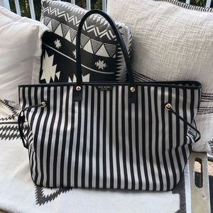 Henri Bendel Striped XL Tote Black Grey Leather
